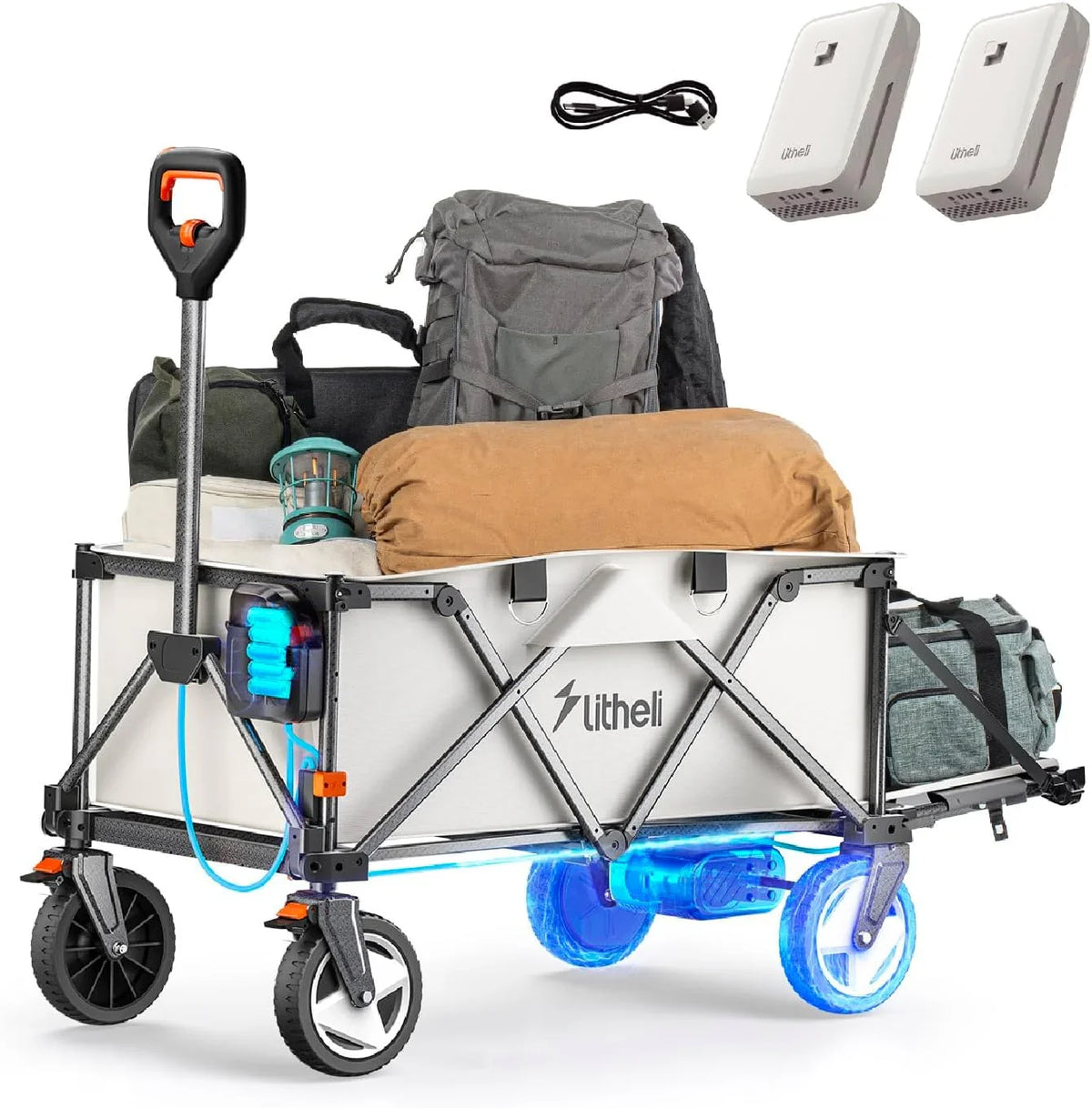 Utility truck, with a capacity of 200 liters and a load capacity of 300 pounds, featuring a foldable heavy-duty design, equipped with all-terrain wheels, featuring variable speed drive and battery power functions, suitable for camping, beaches, garde
