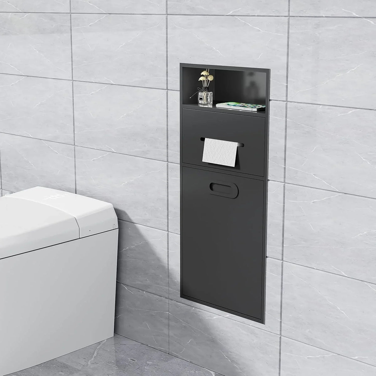 6.2 Gallon Bathroom Trash Can Tilt Out Trash Bin Cabinet, Hidden Trash Can Cabinet Recessed Wall Mounted Stainless Steel with Toilet Paper Holder for Bathroom/Bedroom/Office/Kitchen, Black
