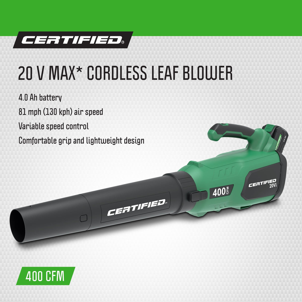 Certified 20V Cordless Battery-Powered Lawn & Garden Leaf Blower