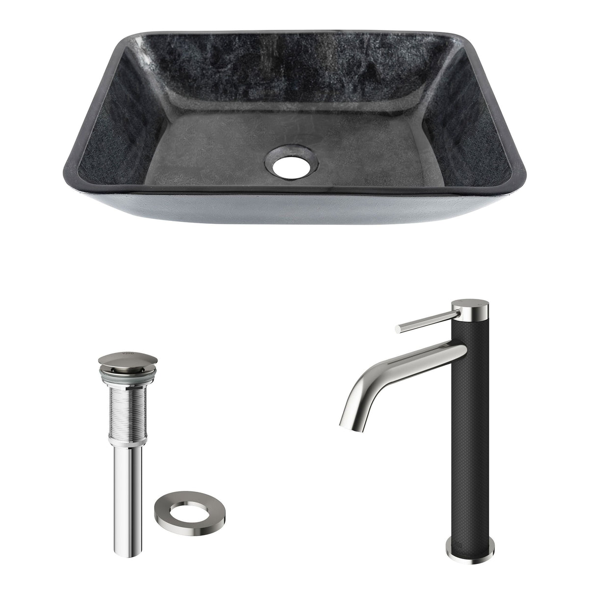 VIGO Glass Grey Onyx Bathroom Sink/Basin Set with Lexington Faucet and Rectangular Vessel