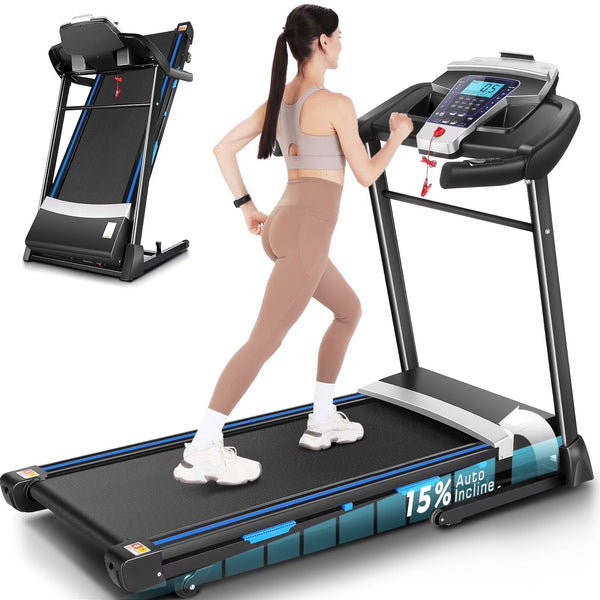ANCHEER Folding Treadmill with 15% Auto Incline,3.25HP Ultra-silent Motor, Speed Range of 0.6~10MPH,300lb Capacity, APP Bluetooth... S6