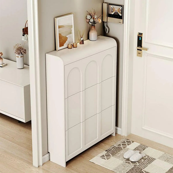 Narrow white artificial wooden shoe cabinet with door, modern entrance shoe rack, standalone hidden shoe cabinet Q5