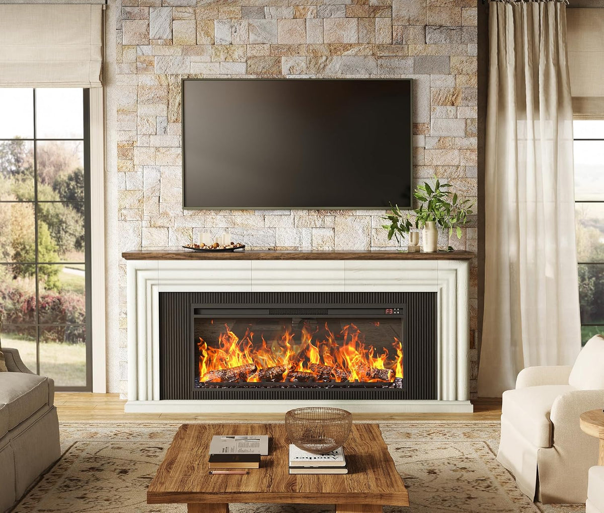 75-inch wall-mounted TV cabinet, rustic modern entertainment center with fireplace, 70-inch media cabinet with 3 drawers, featuring a recessed design, suitable for the living room, black version