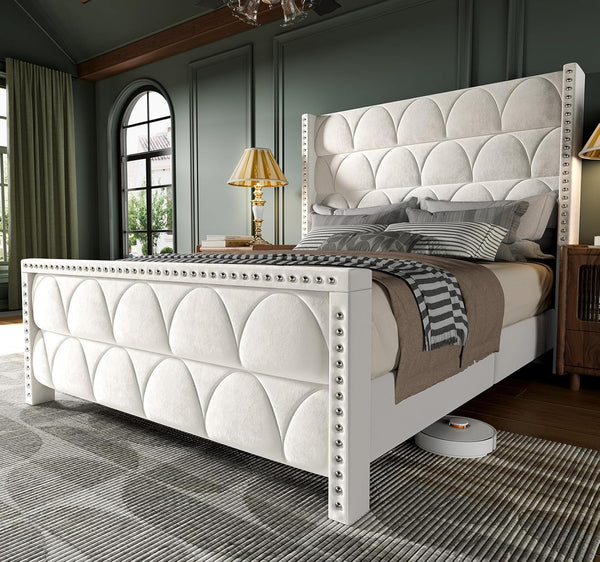 King Size Bed Frame with 56" Headboard - 1000LBS Capacity Support, Velvet Upholstered Wingback Platform Bed Frame, Noise Free, Sturdy Wooden Slat Support M7