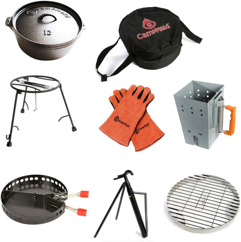 Outdoor Cooking Set - Dutch Oven and Tools Set - Charcoal Holder & Cast Iron Grill Accessories - Camping Grill Set - Outdoor Cooking Essentials - Camp Kitchen Equipment - (8 Piece Set) V5
