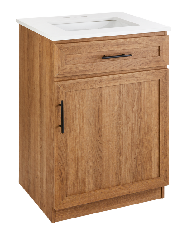 CANVAS Danville Single Door Single Sink Stone Top Bathroom Vanity, Honey Oak, 24-in D7