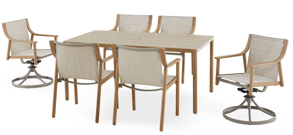 CANVAS Sauble Sling Outdoor Patio Dining Set with Swivel Chairs and Umbrella Hole, Tan, 7-pc G2