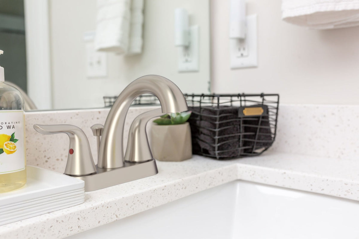 Danze Plymouth Double Handle 4-in Centreset Bathroom Sink Faucet with Pop-Up Drain, Brushed Nickel
