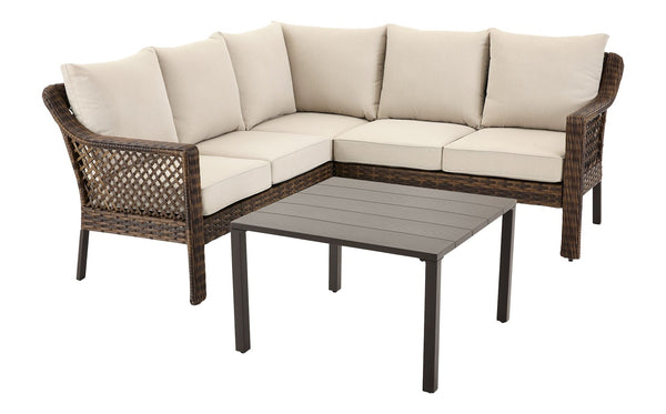 FOR LIVING Bracebridge All-Weather Wicker Outdoor Patio Sectional with Woodgrain Steel Table Top, Brown, 3-pc N7