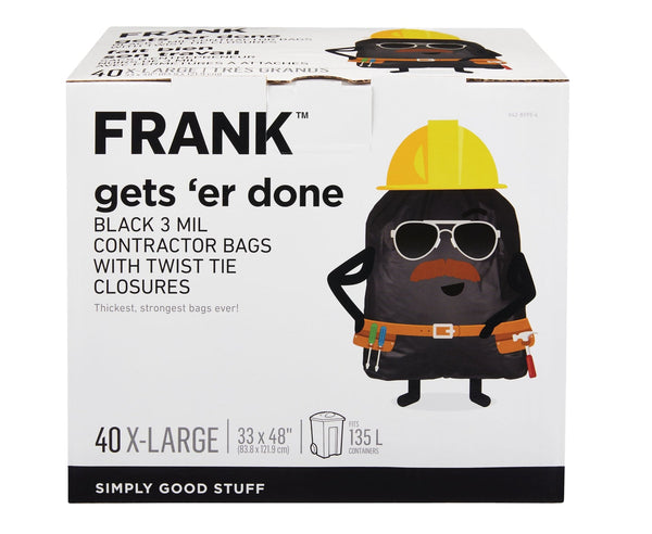 FRANK Extra-Large Twist-Tie Contractor Garbage Bags, 40-pk, Black, 135-L K0