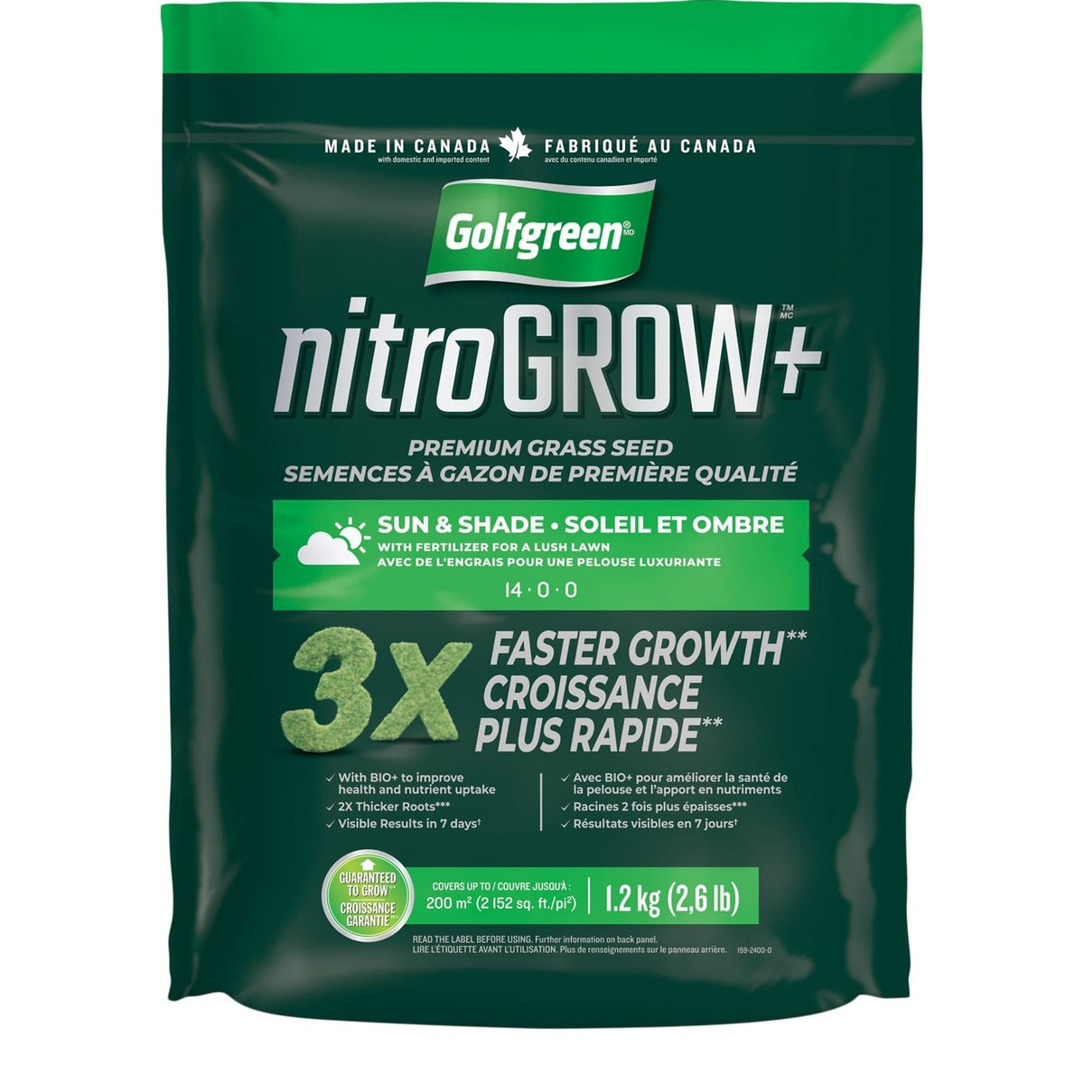 Golfgreen Nitrogrow+ Premium Nitrogen Enriched Sun and Shade Grass Seed with Fertilizer, 14-0-0, 1.2kg