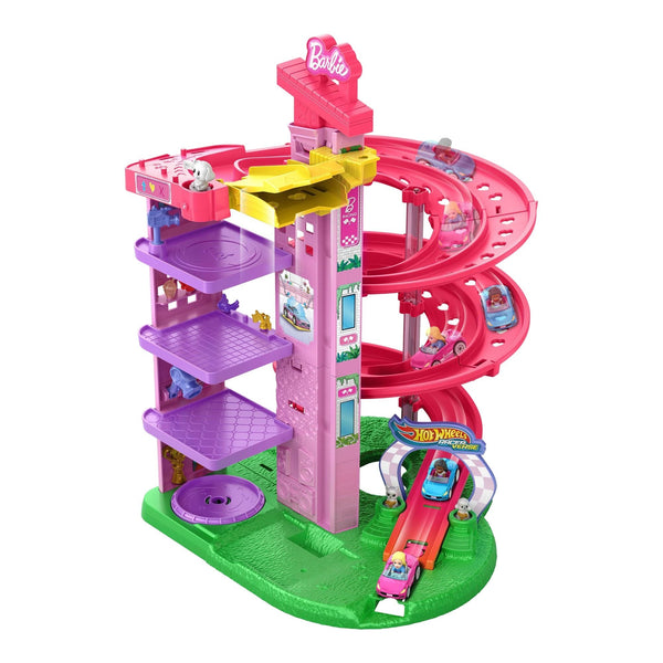 Hot Wheels Barbie Racerverse Toy Vehicle Track Set with 2 1:64 Die-Cast Vehicles and Figures T6