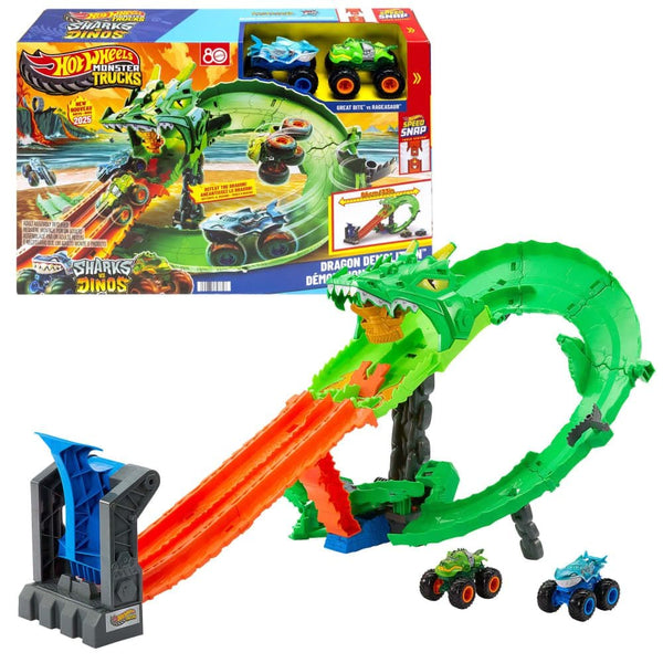 Hot Wheels Sharks vs. Dinos Dragon Destruction Playset with 2 1:64 Hot Wheels Monster Trucks Y2