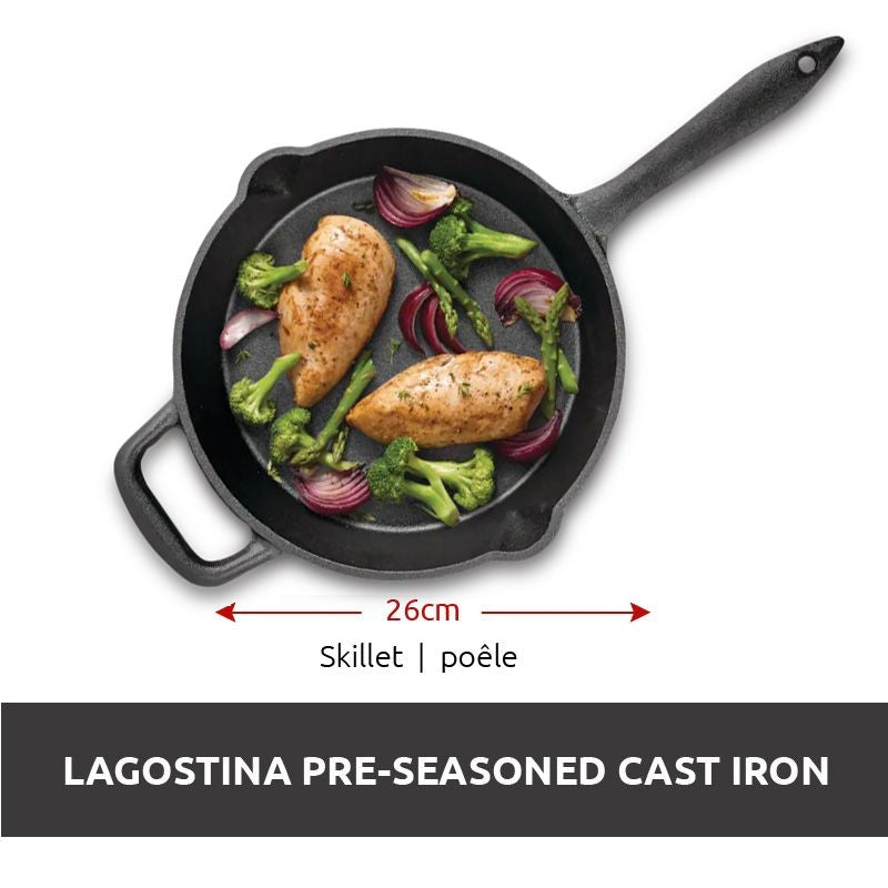 Lagostina Pre-Seasoned Cast Iron Skillet, Oven & Broiler Safe, Black, 10-in