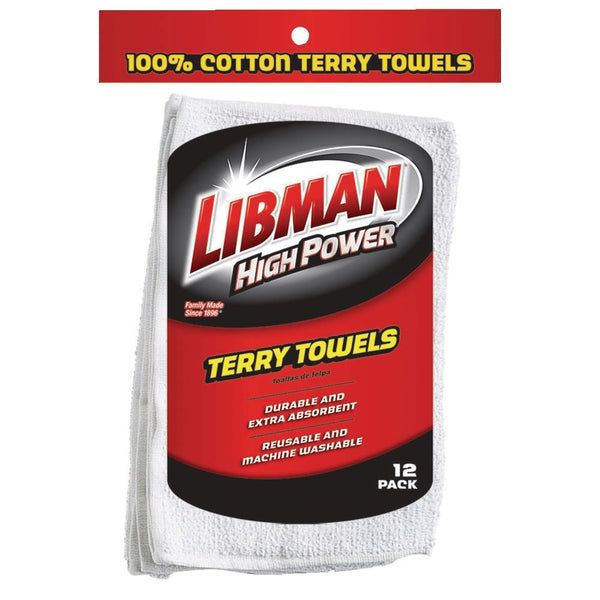 Libman Heavy Duty All-Purpose Machine Washable 100% Cotton Terry Towels, White, 12-pk M6