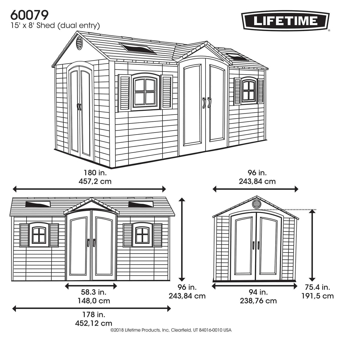 Lifetime Outdoor Storage Shed with Dual Side Entry, 15 x 8-ft