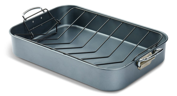Master Chef Heavy-Duty Grey Non-Stick Roaster with Handle and Rack, 17-in X8