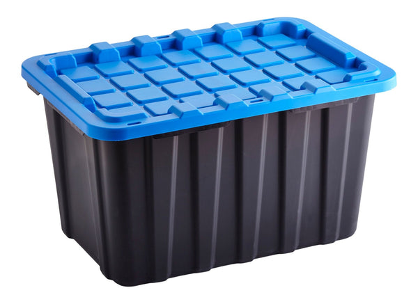 Mastercraft Heavy Duty Stackable Storage Box with Lid, 102-L, Black/Blue O0