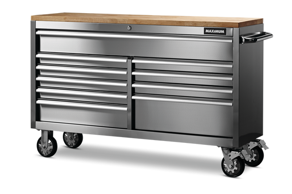 MAXIMUM Butcher Block Top Rolling Tool Storage Cabinet with 10 Drawers, Stainless Steel, 56-in V1