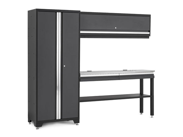 NewAge Bold 3.0 Series All-in-One Lockable Steel Garage Cabinetry Set with Stainless Steel Top, Grey, 90-in x 18-in x 72-in, 4-pc L7