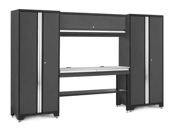 NewAge Bold 3.0 Series Lockable Steel Garage Cabinetry Set with Stainless Steel Top, Grey, 120-in x 18-in x 72-in, 5-pc R3