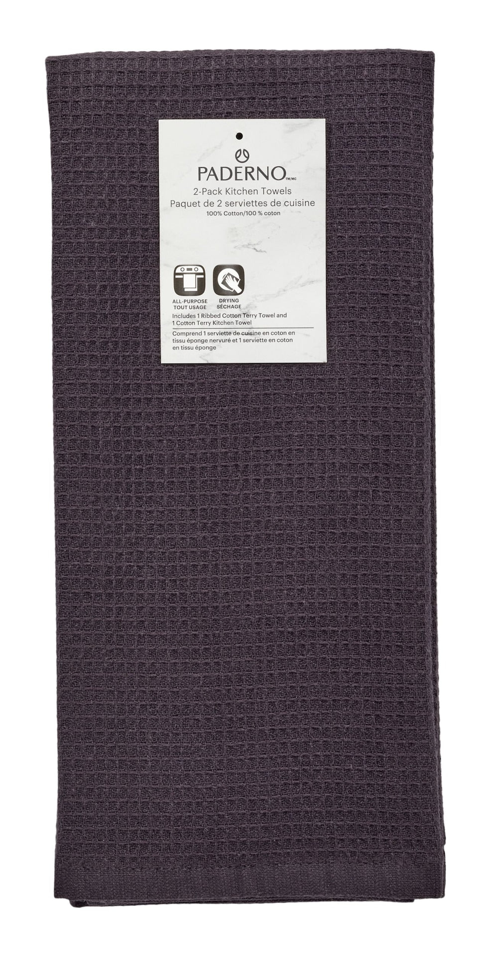 PADERNO Waffle Cotton Terry All-Purpose Kitchen Towels, Black, 2-pk