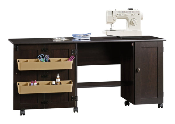 Sauder Folding Sewing & Craft Table/Storage Cart with Locking Wheels, Cinnamon Cherry Finish M8