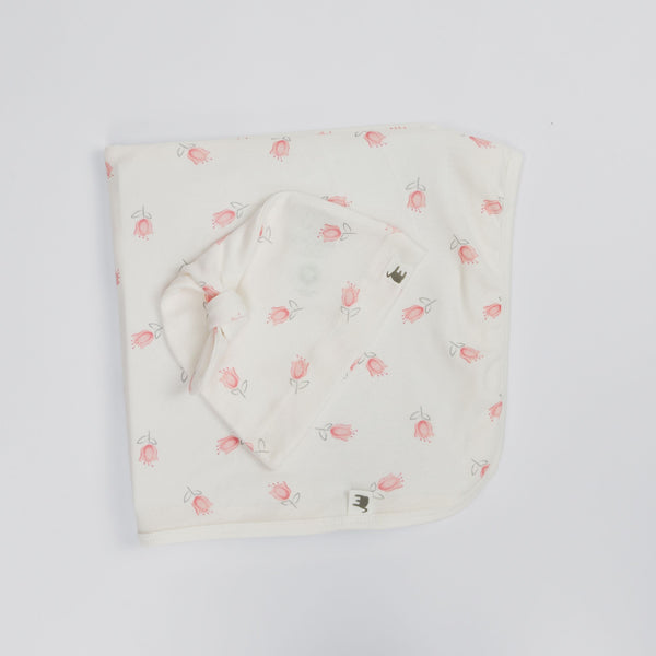 The Elk Baby Tulip Print Premium Organic Cotton Blanket and Beanie Set C4