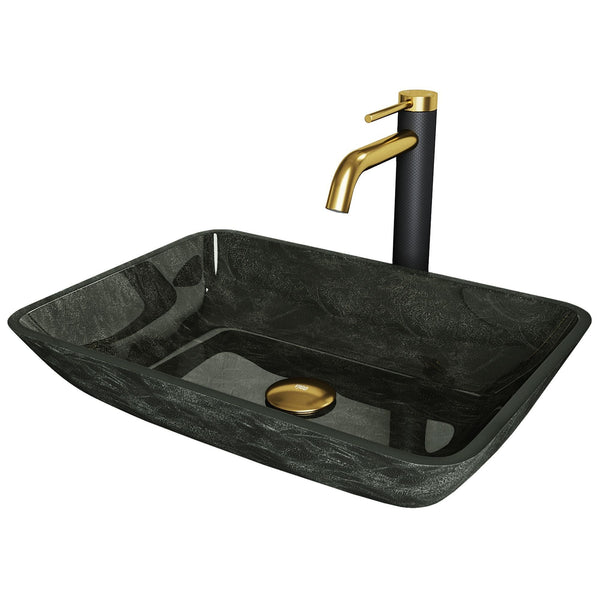 VIGO Glass Grey Onyx Bathroom Sink/Basin Set with Matte Gold Lexington Faucet and Rectangular Vessel J1