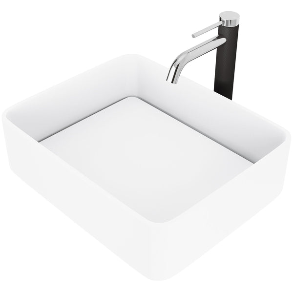 VIGO Jasmine MatteStone White Bathroom Sink/Basin Set with Lexington Faucet and Rectangular Composite Vessel R4