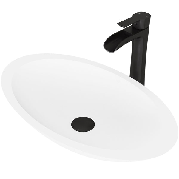 VIGO Wisteria MatteStone White Bathroom Sink/Basin Set with Niko Faucet and Oval Composite Vessel V2